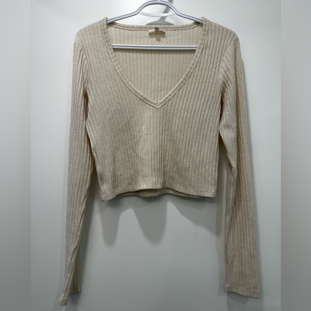 Wilfred Knit Ribbed V Neck Long Sleeve Crop Top